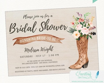 Cowboy Boot Rustic Bridal Shower Invitation, Country, Boho Chic, Printable or Printed