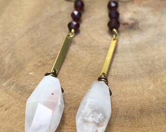 Strawberry quartz, brass, and garnet earrings