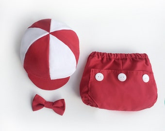 Baby Boy First Birthday Outfit, Boys Cake Smash Photo Set, Newborn Photography Smash Cake Outfit, Red Bloomers Diaper Cover Retro Cap Bowtie