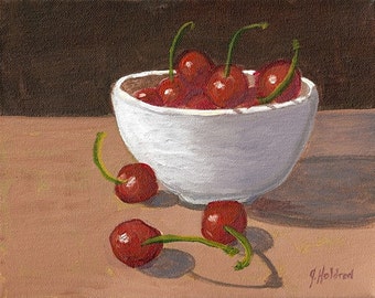 Holdren Art Impressionist Realism Still Life Cherries Bowl Acrylic Painting ACEO ATC Home Decor Print