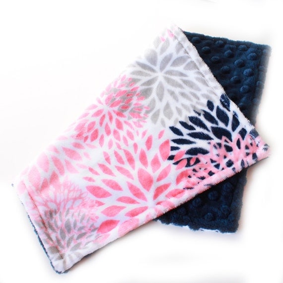 Coral & Navy Flower Burp Cloths, Navy Silver Coral- set of 2 Minky // Ready to ship / Minky Burp Cloth / Baby Shower Gift / Coral Burp Cloth