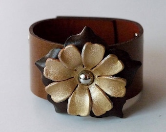 Flower Bracelet Leather Flower Cuff Flower Bangle Flower Leather Cuff Caramel Color