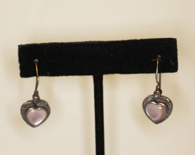 MOP Shell Heart Earrings Sterling Silver Pierced Lever Back Vintage Dangle