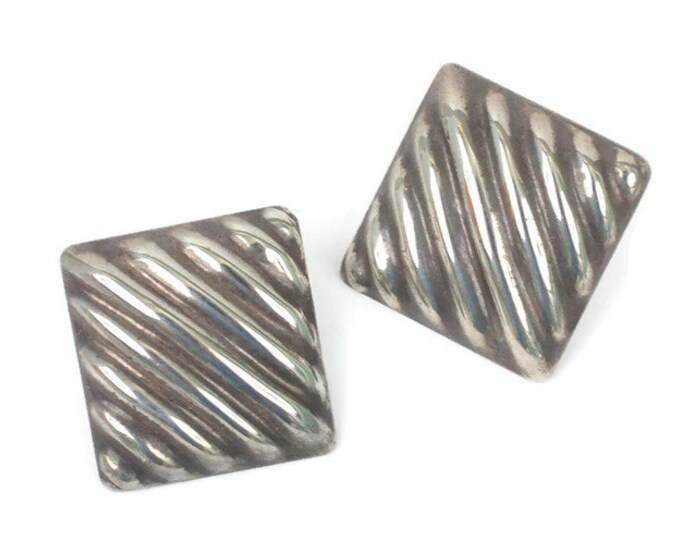 Sterling Ridged Square Earrings Posts Bold Chunky Boho Vintage