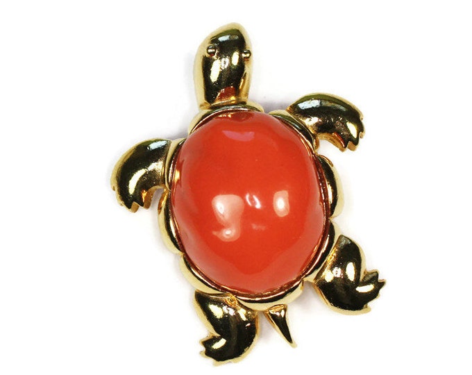 KJL Turtle Brooch Pendant Orange Lucite Gold Tone Vintage