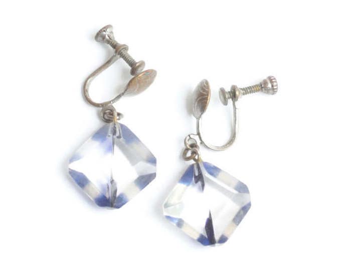 Two Color Lucite Dangle Earrings Clear and Blue Prism Screw Back Art Deco Earrings