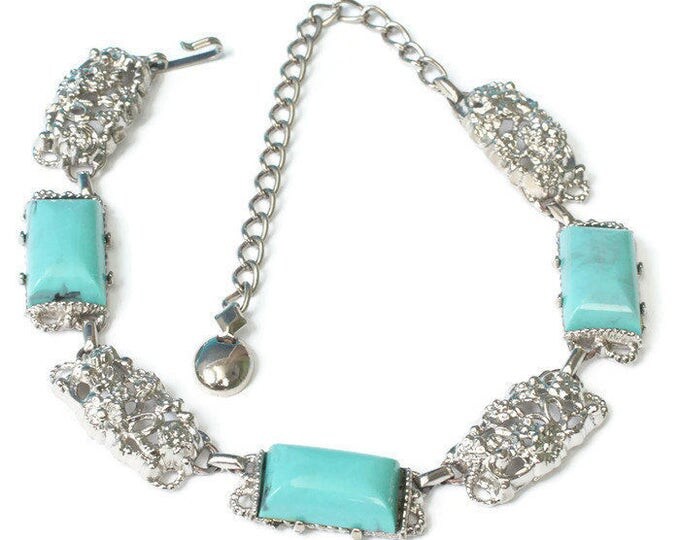 Turquoise Lucite Silver Tone Necklace Choker Chunky Vintage