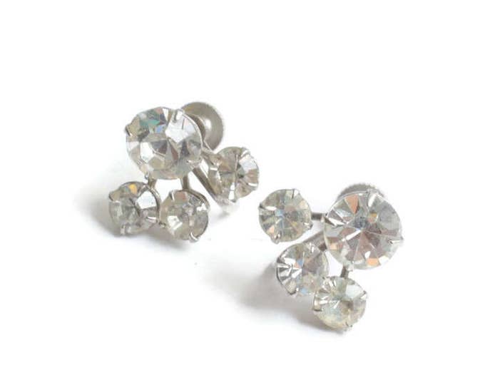 Clear Crystal Chaton Earrings Screw Back Silver Tone Vintage