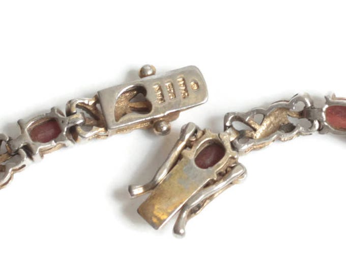 Red Gemstones Bracelet Silver Tone Metal Filigree Links Vintage