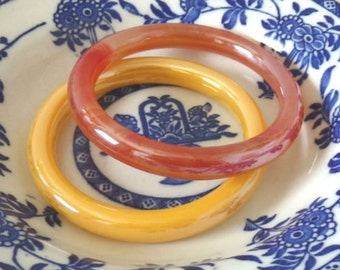 Peking Glass Bangles; Vintage Pair of Jadeite Glass Cuff Bracelets, Yellow and Red