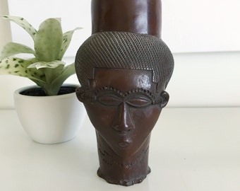 Vintage Face Head Vase, Tribal, Brown Resin, Woman Sculpture