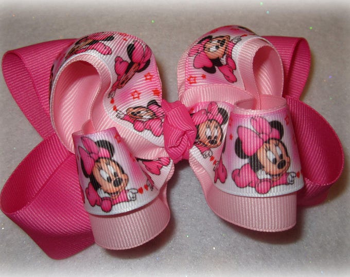 Pink Minnie Mouse Baby Fabulous Double Layered Boutique Lush Hair Bow for Baby Toddler or Little Girl Crawling Minnie