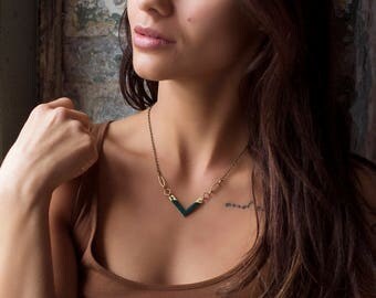 Brass V Necklace - Geometric Necklace - Leather Necklace - Minimalist Jewelry - Gifts For Girlfriend - Short Necklace - Leather Necklace
