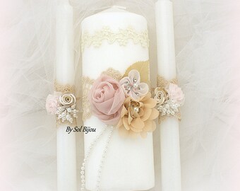 Unity Candle Set,Wedding Candles,Ivory,Rose,Blush,Champagne,Gold,Unity Candle,Unity Ceremony,Candles,Vintage Wedding,Elegant,Lace Candles