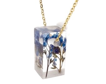 Botanical Jewelry Forget Me Nots Eco Resin Jewelry 1" Bar Necklace with Real Pressed Flowers Sterling Gold Handmade Jewelry