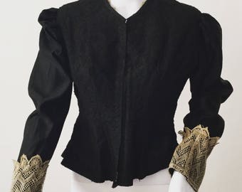 Antique Black Lace Bodice 1800s Ecru Lace Cuffs S M Victorian Jacket Blouse