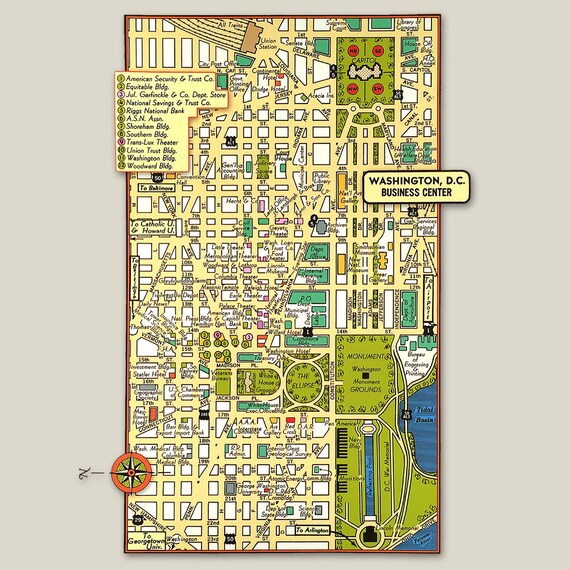 Washington DC Archival Print Giclee 1950 Vintage Map Theaters