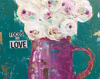 flowers in vase canvas print, canvas giclee reproduction, purples and teals, vintage inspired, focus on love