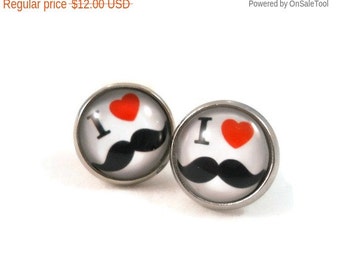 Mustache Earring, Black White Red, I Heart Mustache, Earrings for Teens Tweens, Mustache Jewelry, Gifts for Teenage Girl, Tween Jewelry