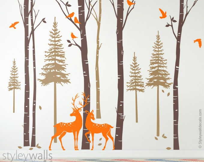 Birch Trees Wall Decal, Forest Trees Wall Decal, Pine Trees Wall Decal, Winter Trees with Deer and Birds Wall Sticker for Living Room Decor