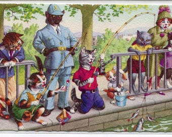 Dressed Cats Fishing Police Officer Mainzer postcard