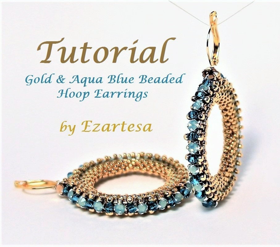 Beaded Hoop Earrings Tutorial Gold Seed Bead Aqua Blue Glass