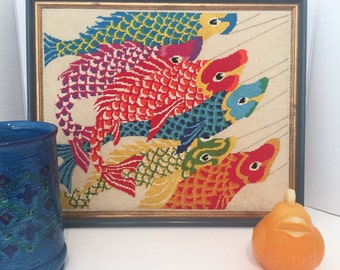 NEEDLEPOINT KOI WALL Hanging 1981 Vibrant Needlepoint of Koi/Mid Century/Finished/Chinoiserie/Mid Century at Modern Logic