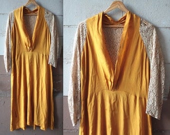 Rare Antique 1920s Dress // 20s Golden Yellow Silk and Cream Lace Evening Gown // Lace Back Cocktail Party Dress // DIVINE