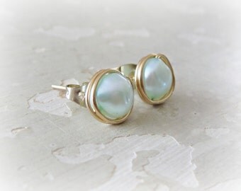 Pearl Stud Earrings, Small Gold Posts, Freshwater Pearl Earrings, Light Blue Studs, Real Pearl Earrings, Gold Stud Earrings, Natural Pearls