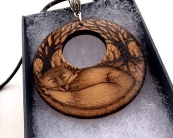 Sleepy Fox in the Woods, Pyrography Fox Pendant, Vixen Necklace, Pyrography Jewellery, British Wildlife, Nature Lover Gift, Wood Anniversary