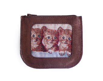 SALE Sparkly bronze leather coin purse, Cat coin purse