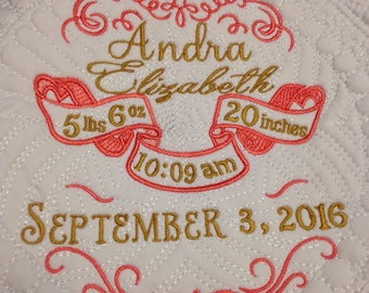 Personalized baby quilt , birth stats , keepsake , heirloom , personalized , handmade