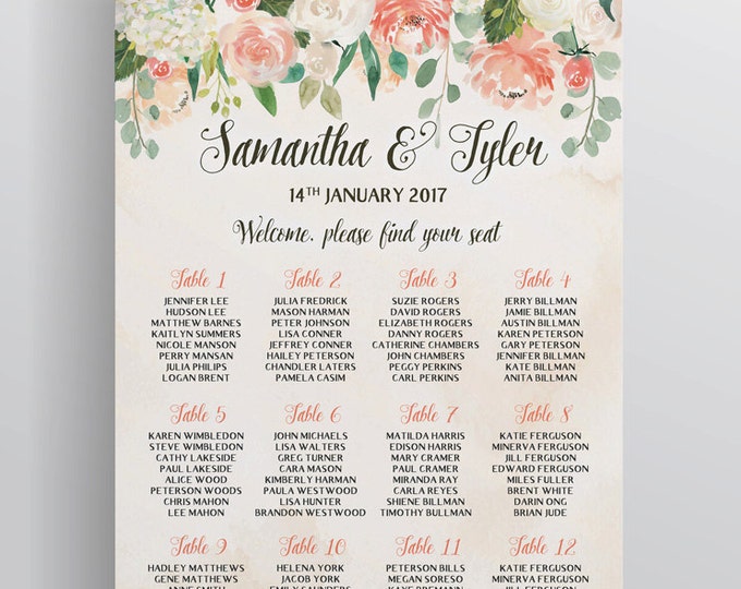Personalized Wedding Seating Chart Table, Wedding Seating, Wedding Decor, DIY Wedding in Peaches and Cream, Print Your Own