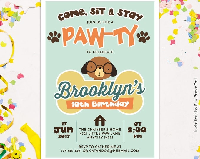 Cute Puppy Dog Birthday Party Invitation, Puppy Paw-Ty Adopt-A-Puppy Pet Party Boy or Girl Printable Birthday Invitation, Retro Colors
