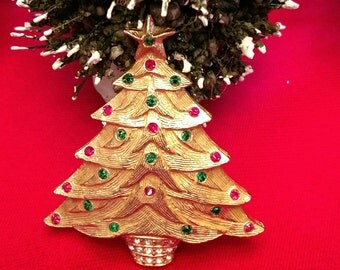 Mid Century Christmas Tree Pin Gold and Rhinestones