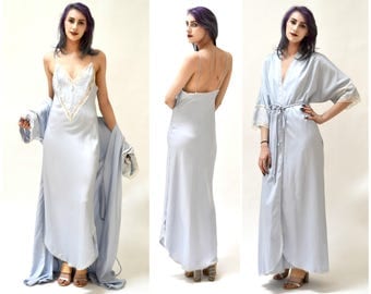 Vintage Peignoir Set Size Small Blue White Satin and lace Wedding Honeymoon Robe Nightgown// Vintage Nightgown by Ralph Montenero Blanche