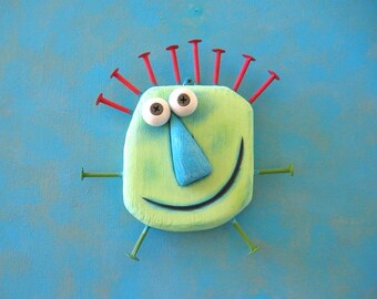 Green Walnut, Original Found Object Wall Sculpture, Wood Carving, Wall Decor, Whimsical Art, by Fig Jam Studio