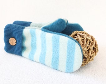 Wool Mittens TURQUOISE & AQUA Striped Felted Sweater Wool Mittens Fleece Lined by WormeWoole
