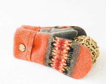 Fall Colors Mittens PUMPKIN SPICE Orange Mittens Fair Isle Felted Sweater Wool Mittens Fleece Lined Mitts Wool Gloves for Her by WormeWoole
