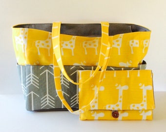 MADE TO ORDER Large Diaper bag set, Gray Arrow /Yellow Giraffe diaper bag and All-in-One diaper clutch/chaging pad set
