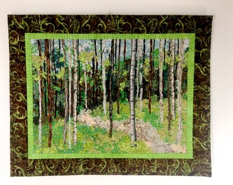 Confetti Landscape Quilt Quilted Wall Hanging Fiber Art Woodland Trail Gift for Hiker Birch Tree Decor Sally Manke Quilts for Sale