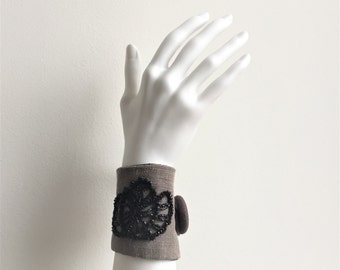 taupe brown wrist cuff - linen and cotton bracelet - black vintage trim - brown textile bracelet - mothers day gift - gift for her
