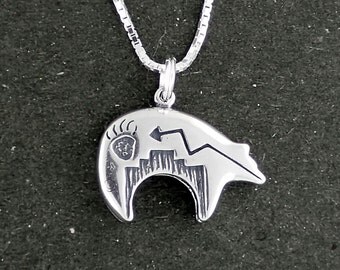 Sterling Silver Necklace Heartline Bear Pendant With 18 Inch Box Chain