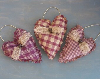 Primitive Valentine Rag Hearts - 3 Hanging Homespun Grungy Fabric Stuffed Hearts - Primitive Valentine's Day Decor - Wedding or Anniversary