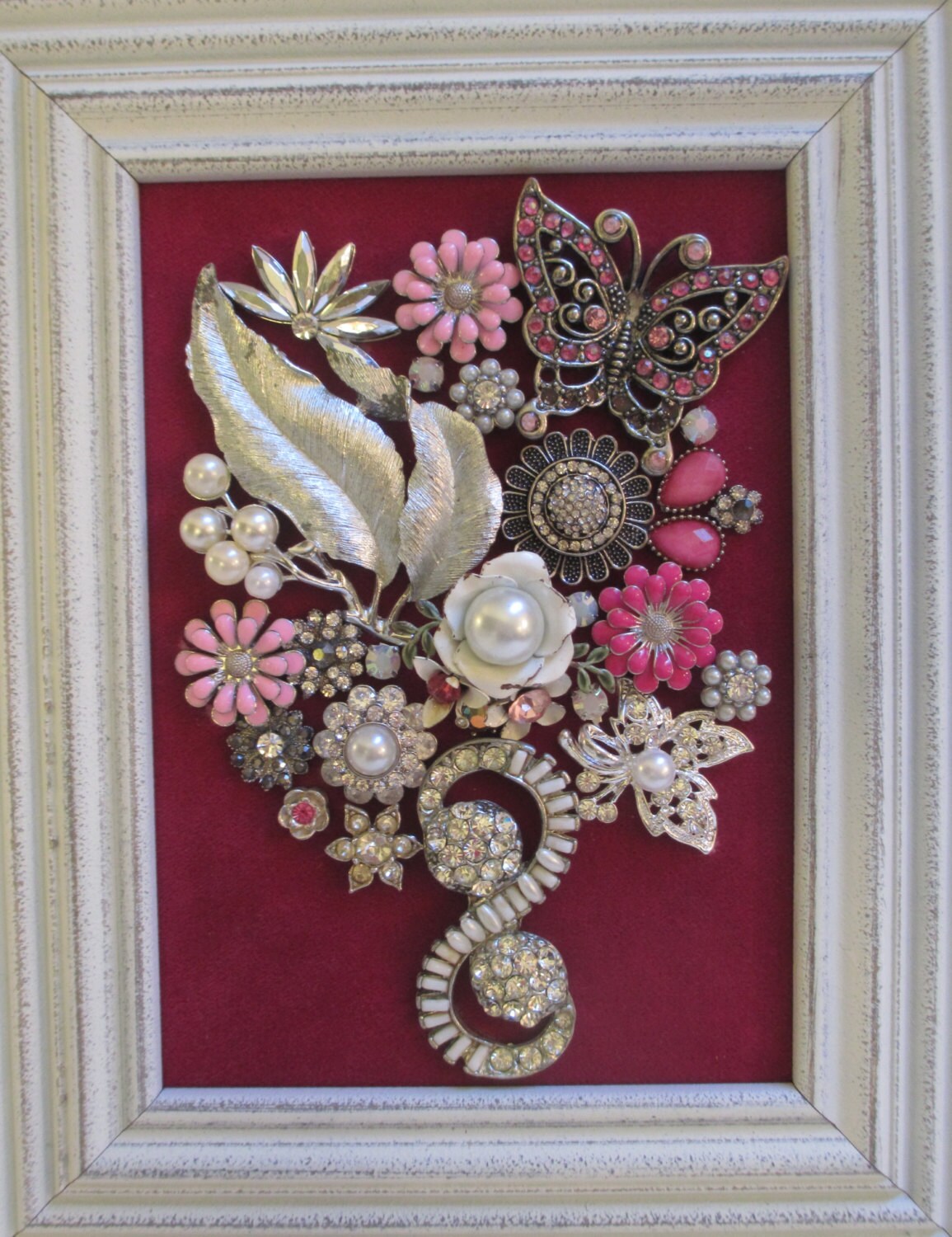 Jeweled Framed Jewelry Flower Arrangement Fuchsia Silver