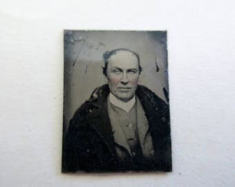 antique miniature gem tintype photo - 1800s, man in heavy coat