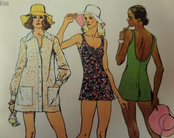 SCOOP BACK SWIMSUIT Pattern • Simplicity 5635 • Miss 12 • 2 pc Bathing Suit • Beach Tunic & Brimmed Hat • Vintage Patterns • WhiletheCatNaps