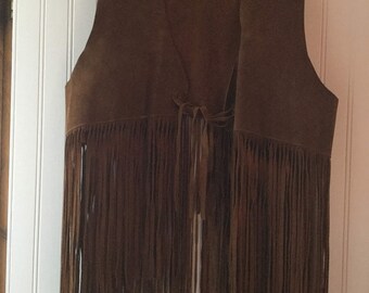Vintage Rusty Brown Suede Long Fringe Hippie Vest