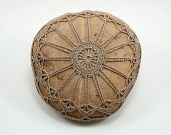 crochet stone, crochet rock, linen colored thread, rustic wedding, ring pillow, bowl element, paperweight, fiber art object, river rock