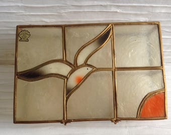 Vintage Seagull Capiz Shell & Brass Box. 1980's. Kitsch. Mod, pop, Mid century, Eames Panton era.